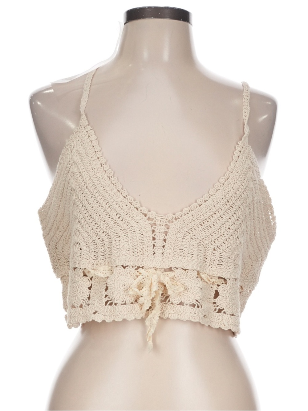 New: POL Cream Crochet Knit Floral Patchwork Lace Tie Cropped Tank Top• S/M
